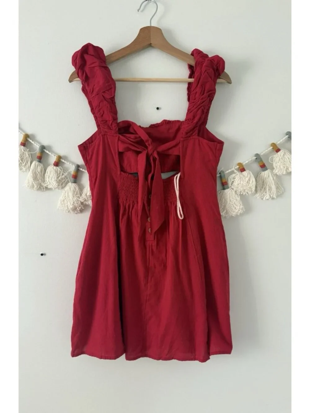 Free People Bom Bom Island Linen Blend Mini Dress Red Ruched Milkmaid Dainty NWT
